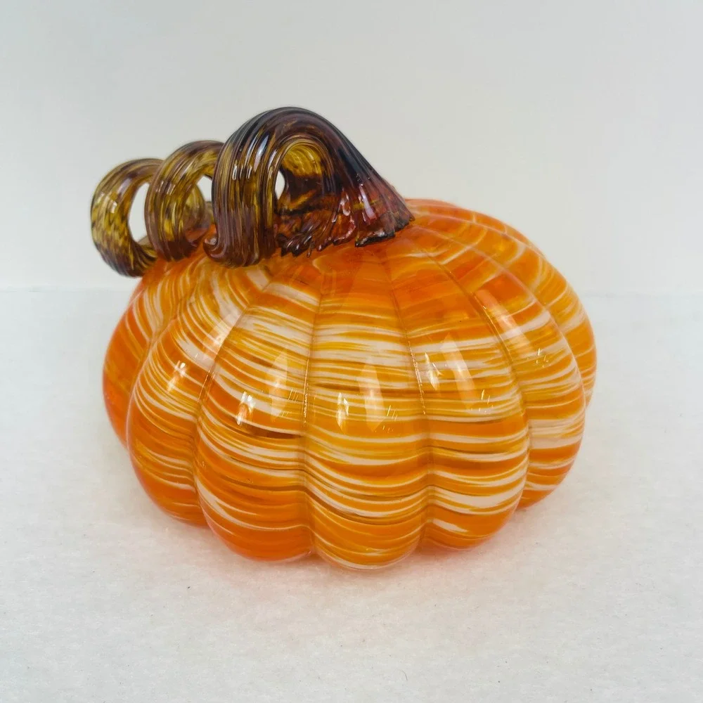 Hand Blown Glass Pumpkin Orange White Swirl Amber Curly Stem Fall Decor 5x4